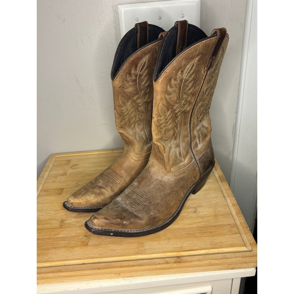 Laredo Mens 8.5 M Distressed Tan Leather Western Cowboy Boots 61094 Snip Toe